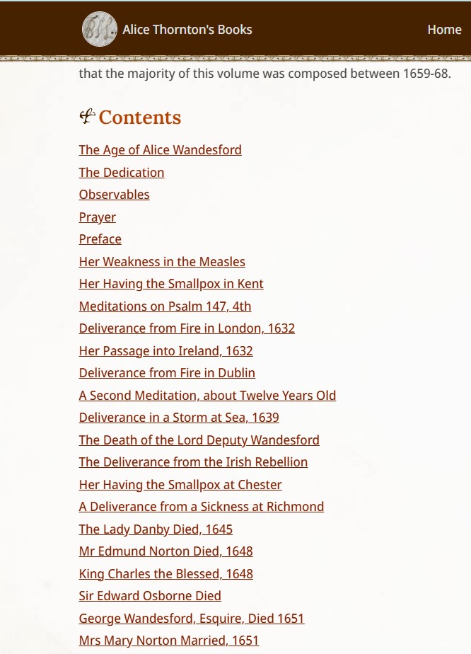 A picture of a webpage from the Thornton's Books site, showing a contents page from the Digital Edition of Thornton's 'Book of Remembrances'