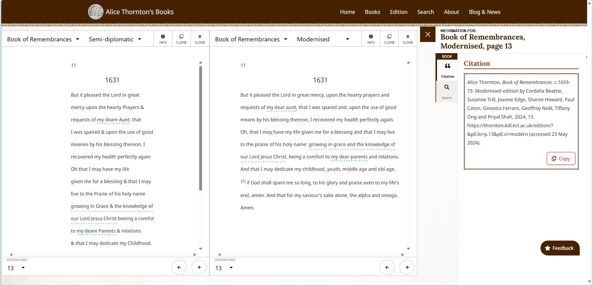 A picture of a webpage from the Thornton's Books site, showing a page from the Digital Edition with a citation