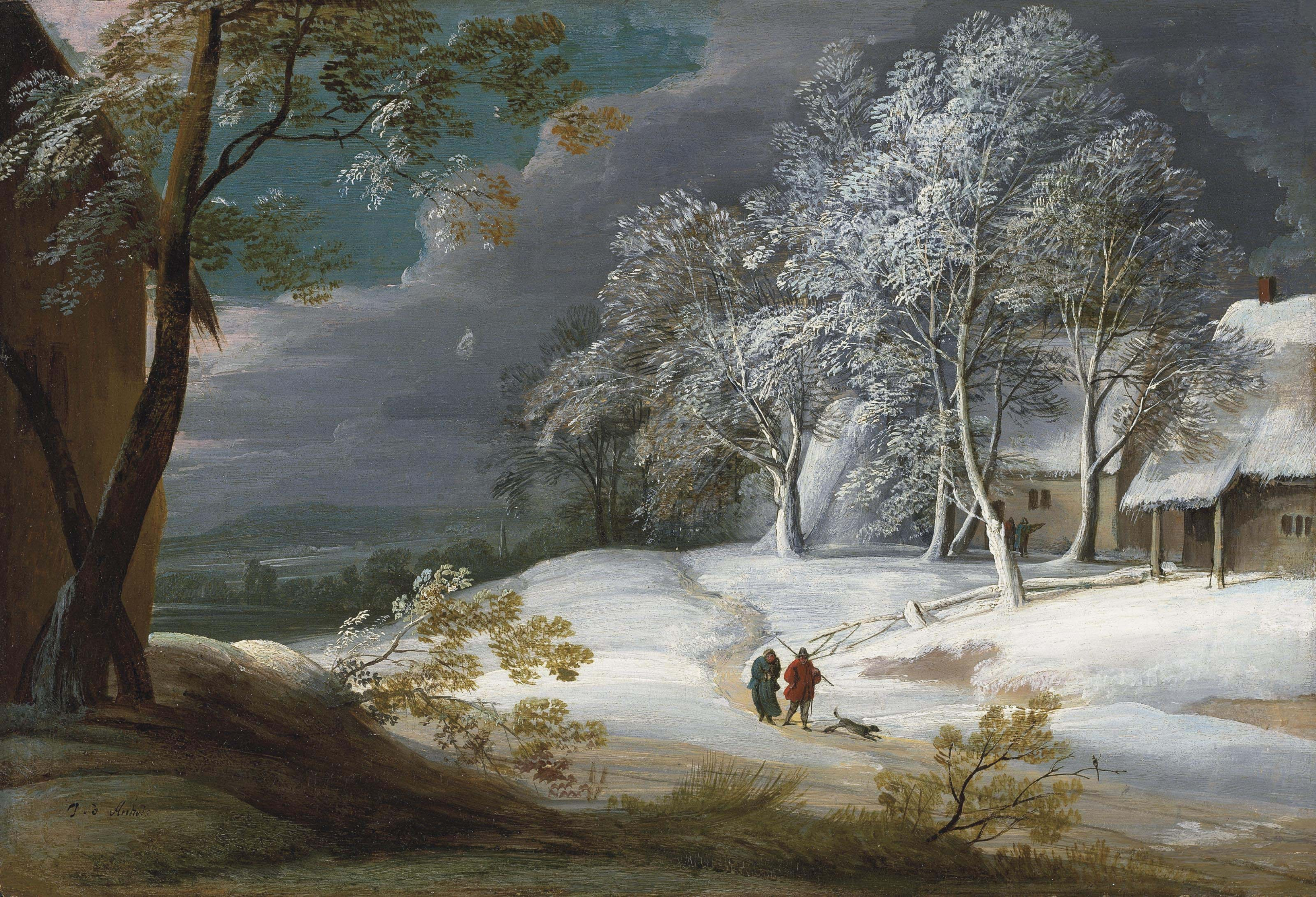 A snowy landscape with trees, figures and a dog on a track, cottages beyond, painted by Jacques D'Arthois, 1613-1668.